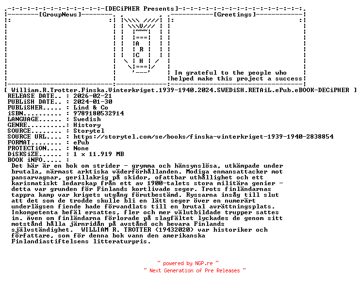NFO for the release William.R.Trotter.Finska.Vinterkriget.1939-1940.2024.SWEDiSH.RETAiL.ePub.eBOOK-DECiPHER by DECiPHER
