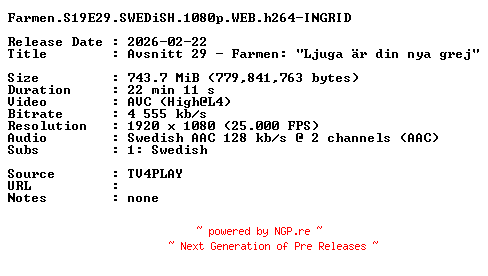 NFO for the release Farmen.S19E29.SWEDiSH.1080p.WEB.h264-INGRID by INGRID