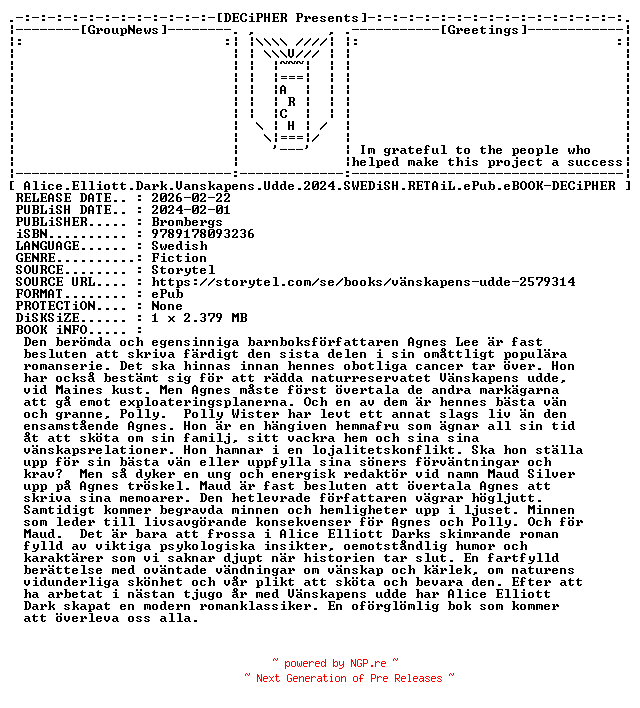 NFO for the release Alice.Elliott.Dark.Vanskapens.Udde.2024.SWEDiSH.RETAiL.ePub.eBOOK-DECiPHER by DECiPHER