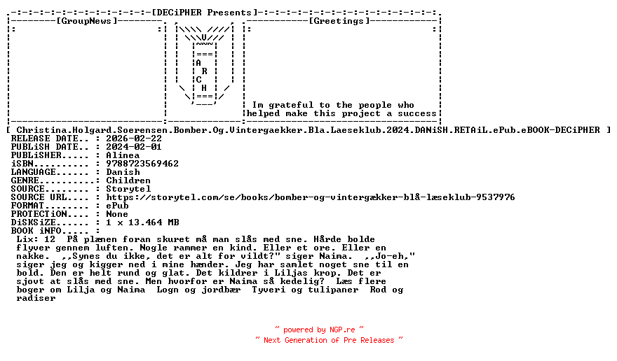 NFO for the release Christina.Holgard.Soerensen.Bomber.Og.Vintergaekker.Bla.Laeseklub.2024.DANiSH.RETAiL.ePub.eBOOK-DECiPHER by DECiPHER