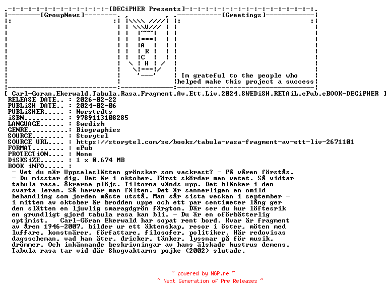NFO for the release Carl.Goran.Ekerwald.Tabula.Rasa.Fragment.Av.Ett.Liv.2024.SWEDiSH.RETAiL.ePub.eBOOK-DECiPHER by DECiPHER