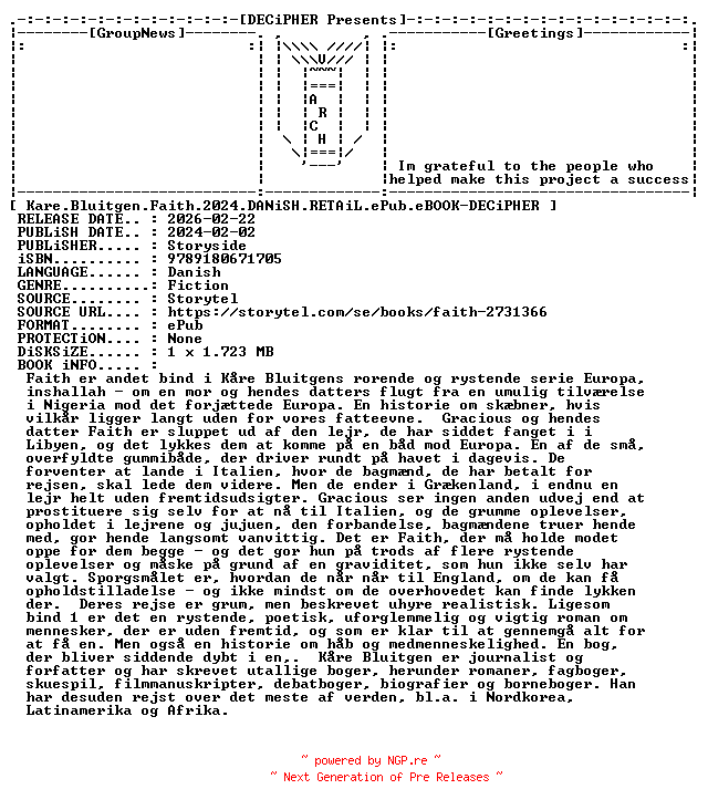 NFO for the release Kare.Bluitgen.Faith.2024.DANiSH.RETAiL.ePub.eBOOK-DECiPHER by DECiPHER