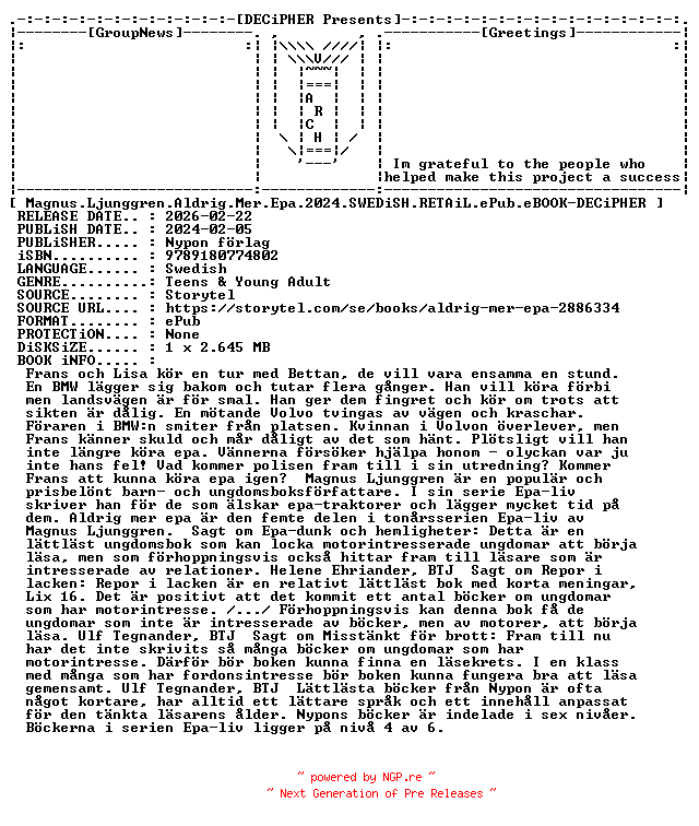 NFO for the release Magnus.Ljunggren.Aldrig.Mer.Epa.2024.SWEDiSH.RETAiL.ePub.eBOOK-DECiPHER by DECiPHER