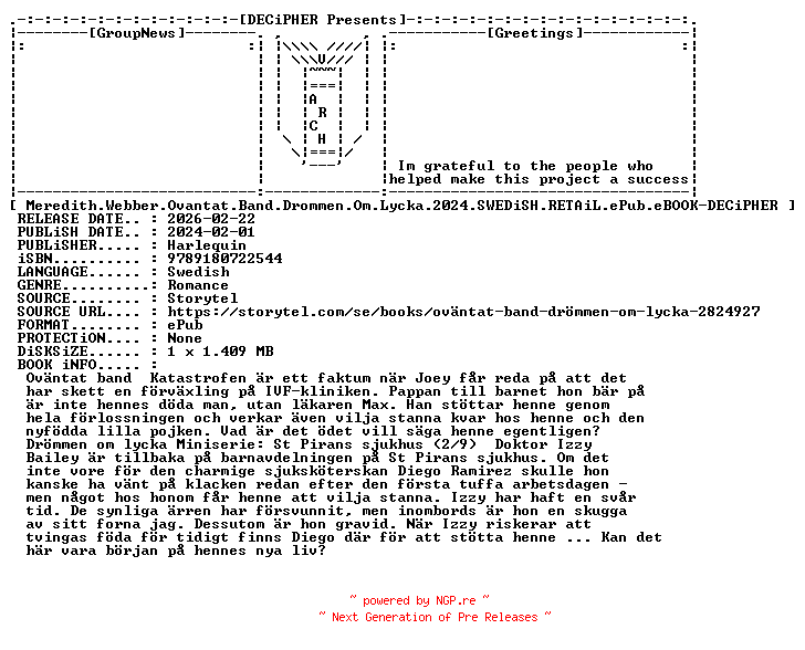 NFO for the release Meredith.Webber.Ovantat.Band.Drommen.Om.Lycka.2024.SWEDiSH.RETAiL.ePub.eBOOK-DECiPHER by DECiPHER