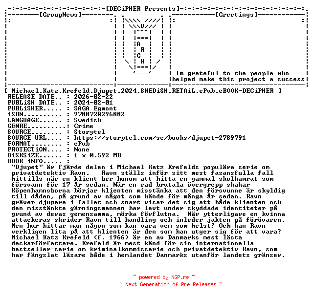 NFO for the release Michael.Katz.Krefeld.Djupet.2024.SWEDiSH.RETAiL.ePub.eBOOK-DECiPHER by DECiPHER