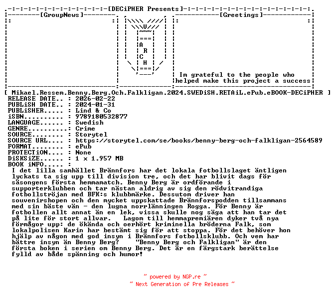 NFO for the release Mikael.Ressem.Benny.Berg.Och.Falkligan.2024.SWEDiSH.RETAiL.ePub.eBOOK-DECiPHER by DECiPHER