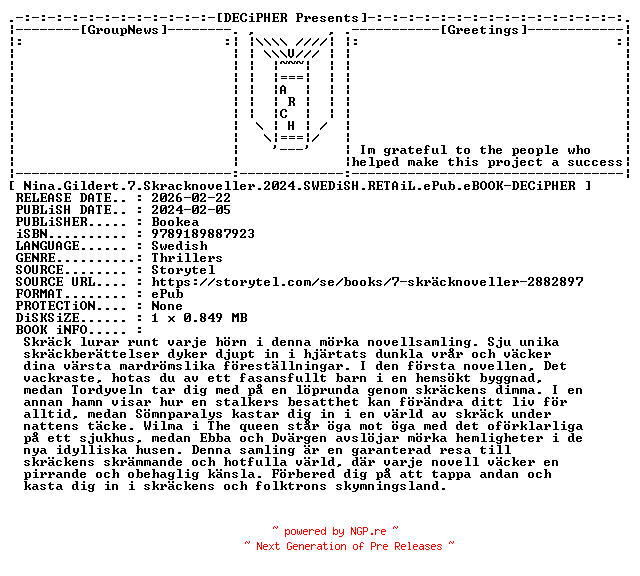 NFO for the release Nina.Gildert.7.Skracknoveller.2024.SWEDiSH.RETAiL.ePub.eBOOK-DECiPHER by DECiPHER