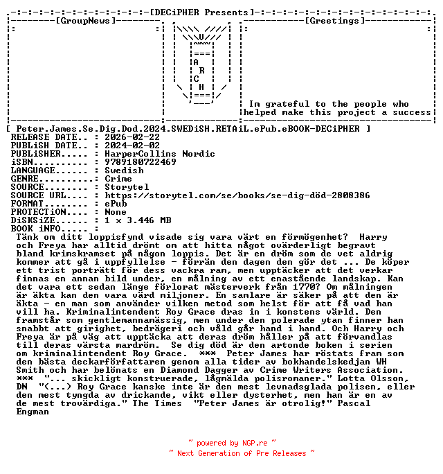 NFO for the release Peter.James.Se.Dig.Dod.2024.SWEDiSH.RETAiL.ePub.eBOOK-DECiPHER by DECiPHER