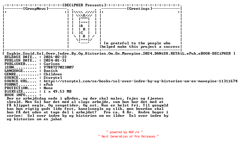 NFO for the release Sophie.Souid.Sol.Over.Indre.By.Og.Historien.Om.En.Mavepine.2024.DANiSH.RETAiL.ePub.eBOOK-DECiPHER by DECiPHER