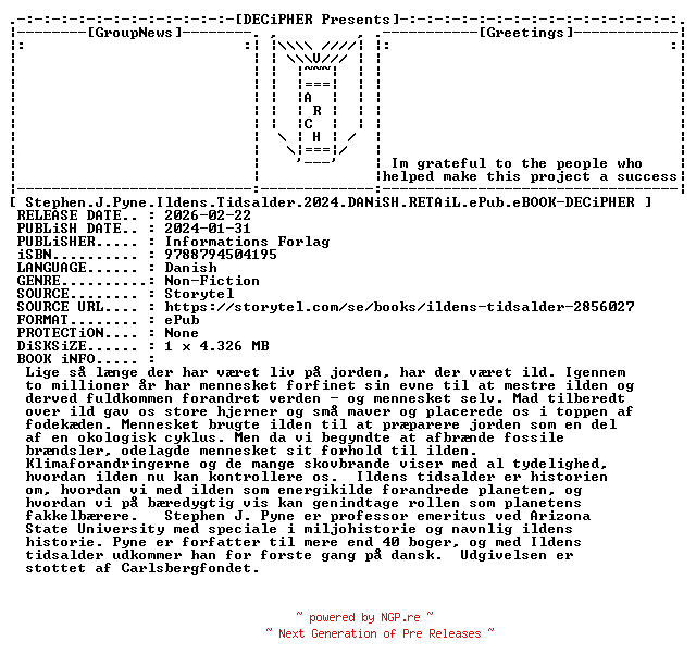 NFO for the release Stephen.J.Pyne.Ildens.Tidsalder.2024.DANiSH.RETAiL.ePub.eBOOK-DECiPHER by DECiPHER