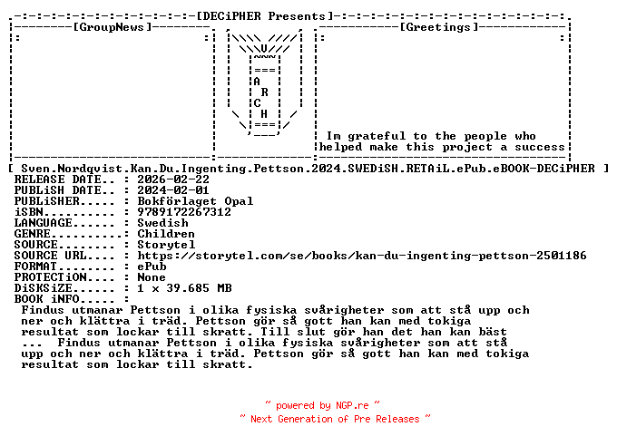NFO for the release Sven.Nordqvist.Kan.Du.Ingenting.Pettson.2024.SWEDiSH.RETAiL.ePub.eBOOK-DECiPHER by DECiPHER