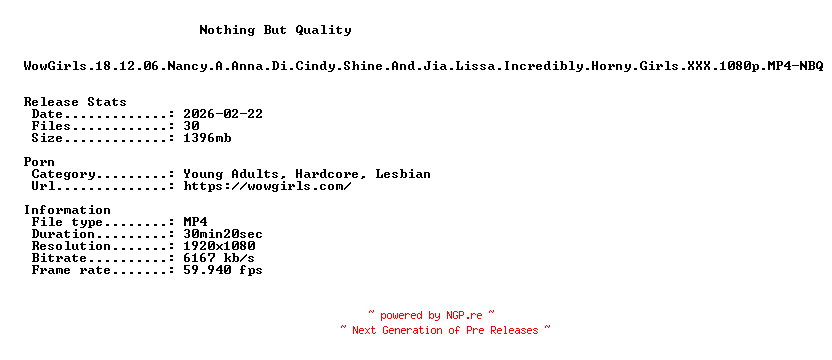 NFO for the release WowGirls.18.12.06.Nancy.A.Anna.Di.Cindy.Shine.And.Jia.Lissa.Incredibly.Horny.Girls.XXX.1080p.MP4-NBQ by NBQ
