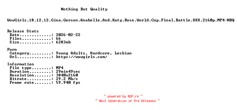 NFO for the release WowGirls.18.12.12.Gina.Gerson.Anabelle.And.Katy.Rose.World.Cup.Final.Battle.XXX.2160p.MP4-NBQ by NBQ