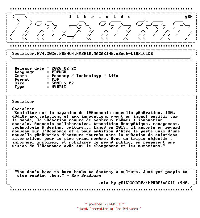 NFO for the release Socialter.N74.2026.FRENCH.HYBRiD.MAGAZiNE.eBook-LiBRiCiDE by LiBRiCiDE