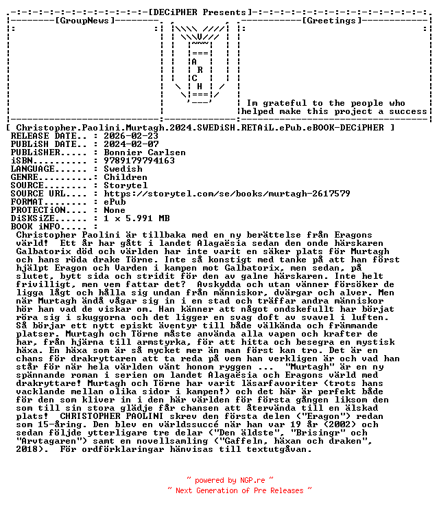 NFO for the release Christopher.Paolini.Murtagh.2024.SWEDiSH.RETAiL.ePub.eBOOK-DECiPHER by DECiPHER