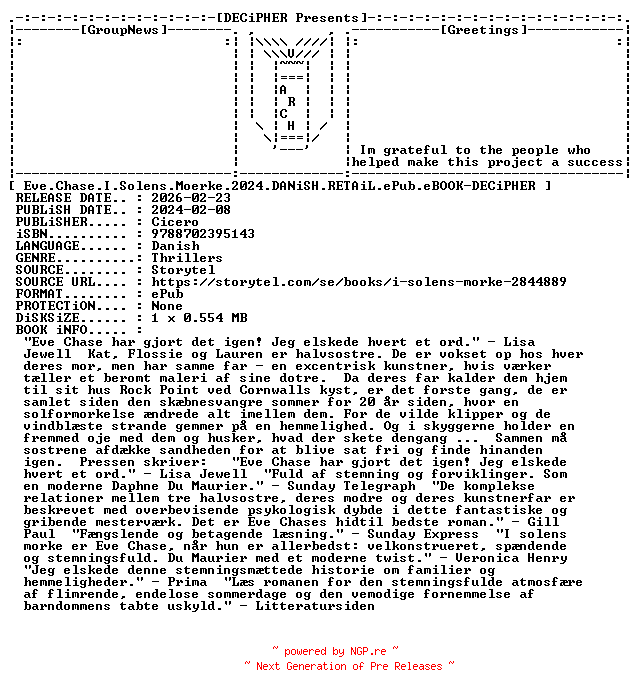 NFO for the release Eve.Chase.I.Solens.Moerke.2024.DANiSH.RETAiL.ePub.eBOOK-DECiPHER by DECiPHER