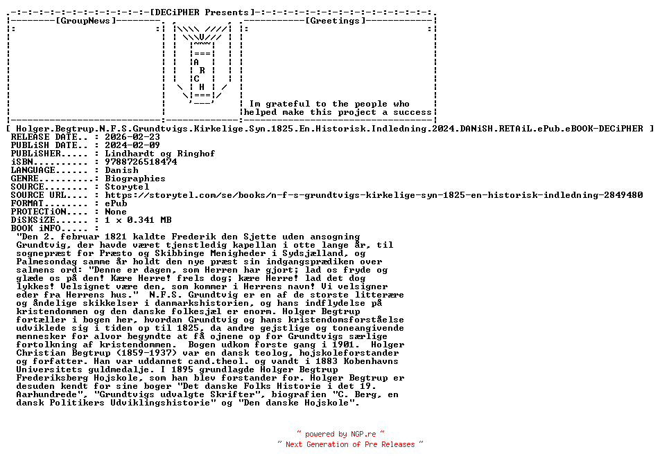 NFO for the release Holger.Begtrup.N.F.S.Grundtvigs.Kirkelige.Syn.1825.En.Historisk.Indledning.2024.DANiSH.RETAiL.ePub.eBOOK-DECiPHER by DECiPHER