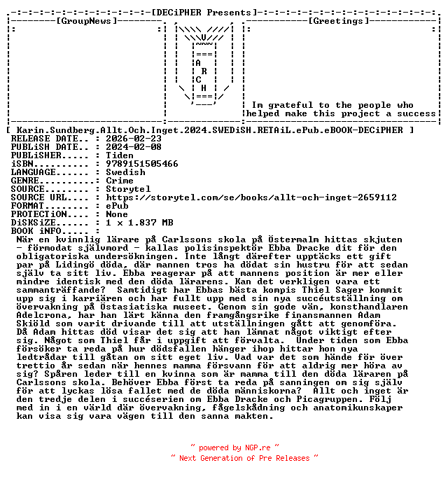 NFO for the release Karin.Sundberg.Allt.Och.Inget.2024.SWEDiSH.RETAiL.ePub.eBOOK-DECiPHER by DECiPHER