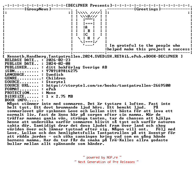 NFO for the release Kenneth.Handberg.Tantpatrullen.2024.SWEDiSH.RETAiL.ePub.eBOOK-DECiPHER by DECiPHER