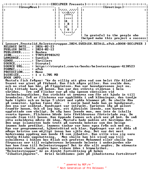 NFO for the release Lennart.Frostelid.Helvetestrappan.2024.SWEDiSH.RETAiL.ePub.eBOOK-DECiPHER by DECiPHER