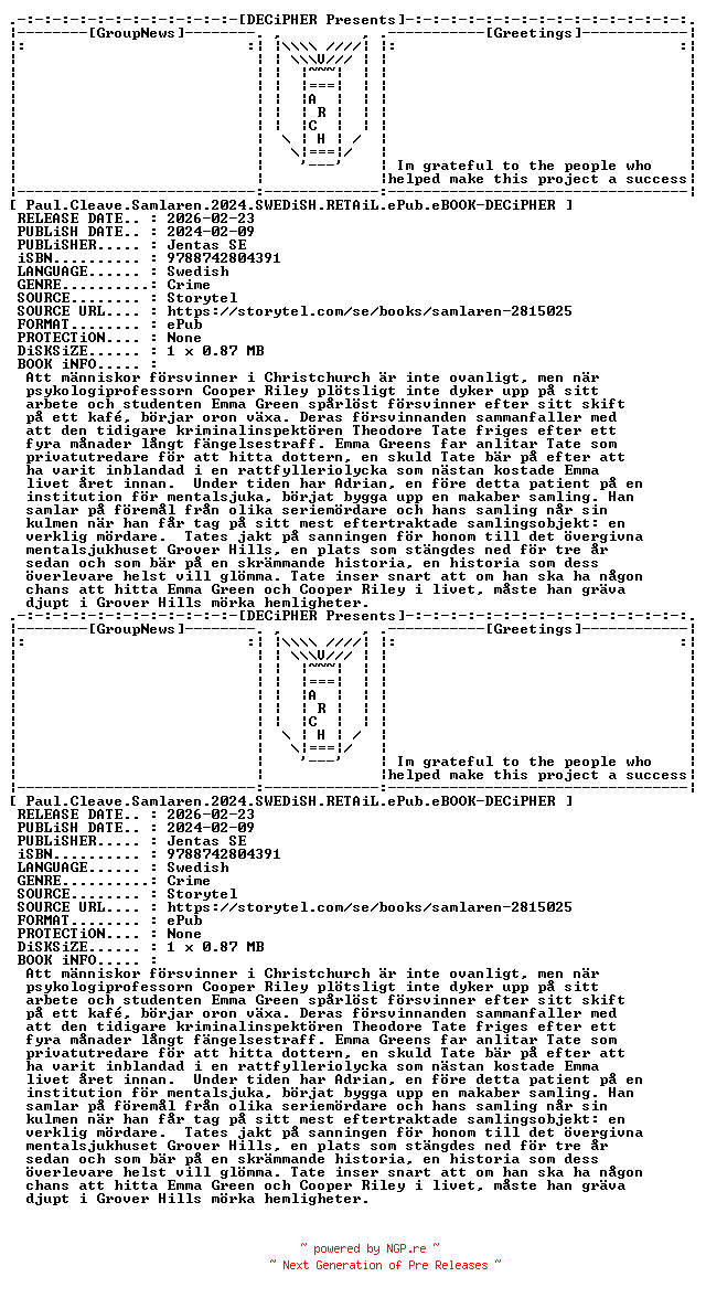 NFO for the release Paul.Cleave.Samlaren.2024.SWEDiSH.RETAiL.ePub.eBOOK-DECiPHER by DECiPHER