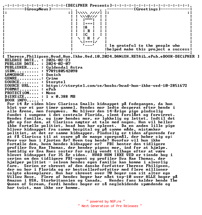 NFO for the release Therese.Philipsen.Hvad.Hun.Ikke.Ved.10.2024.DANiSH.RETAiL.ePub.eBOOK-DECiPHER by DECiPHER