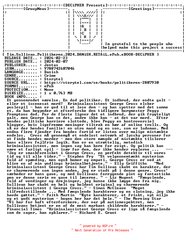 NFO for the release Tim.Sullivan.Politikeren.2024.DANiSH.RETAiL.ePub.eBOOK-DECiPHER by DECiPHER