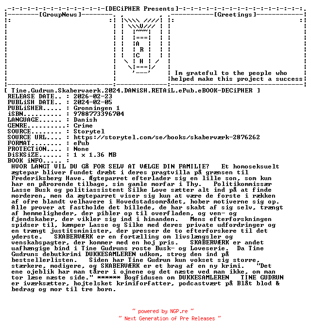 NFO for the release Tine.Gudrun.Skabervaerk.2024.DANiSH.RETAiL.ePub.eBOOK-DECiPHER by DECiPHER