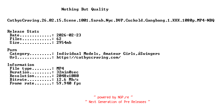 NFO for the release CathysCraving.26.02.15.Scene.1001.Sarah.Nyc.DVP.Cuckold.Gangbang.1.XXX.1080p.MP4-NBQ by NBQ