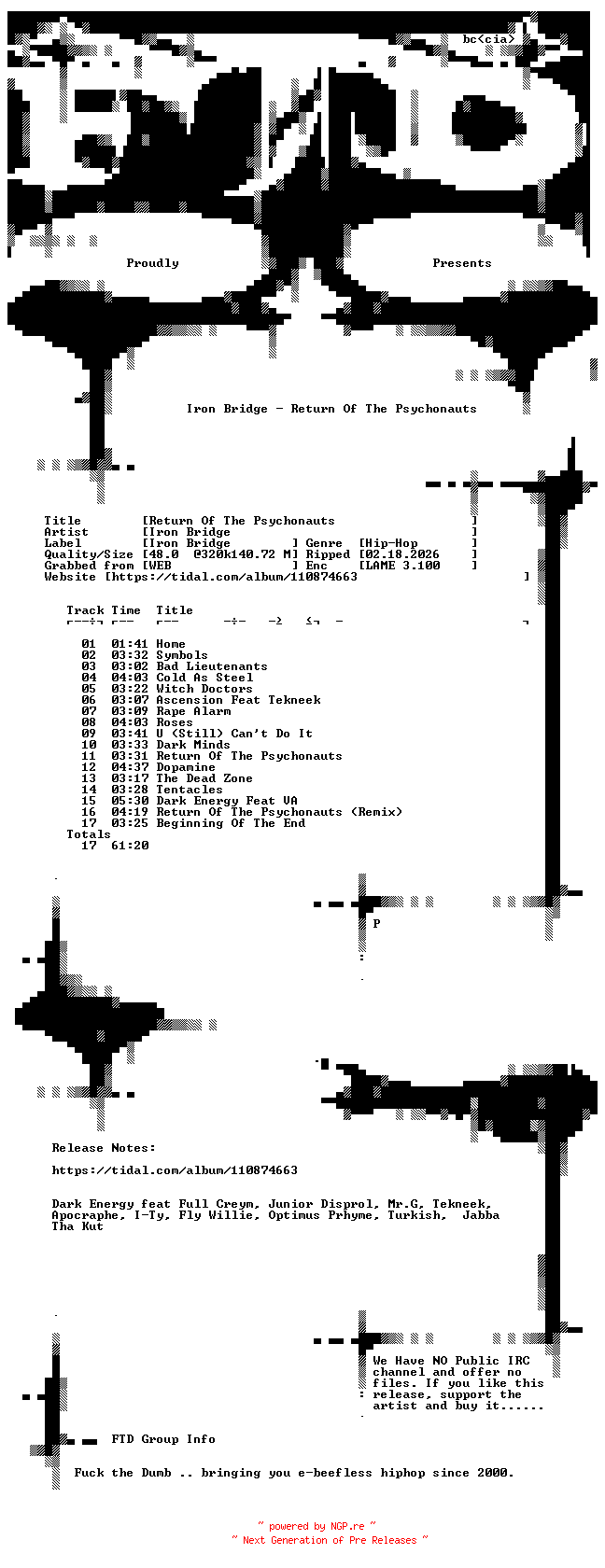 NFO for the release Iron_Bridge-Return_Of_The_Psychonauts-WEB-2019-FTD by FTD