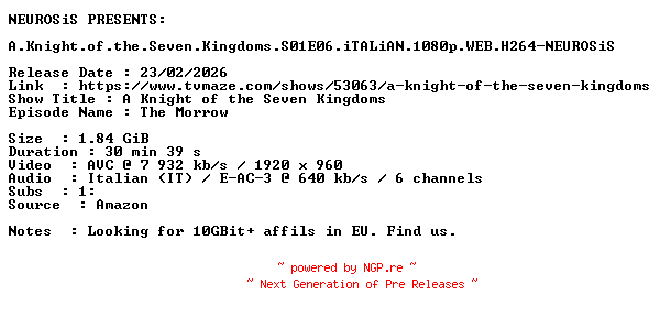 NFO for the release A.Knight.of.the.Seven.Kingdoms.S01E06.iTALiAN.1080p.WEB.H264-NEUROSiS by NEUROSiS