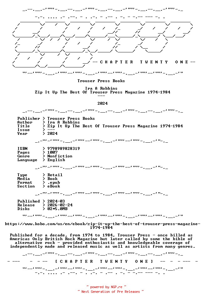 NFO for the release Ira.A.Robbins.-.Zip.It.Up.The.Best.Of.Trouser.Press.Magazine.1974-1984.2024.RETAIL.EPUB.eBook-CTO by CTO