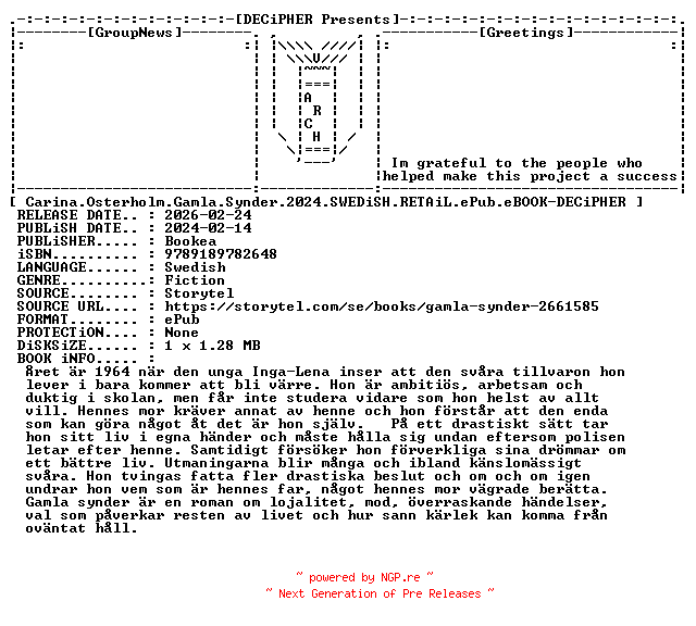 NFO for the release Carina.Osterholm.Gamla.Synder.2024.SWEDiSH.RETAiL.ePub.eBOOK-DECiPHER by DECiPHER