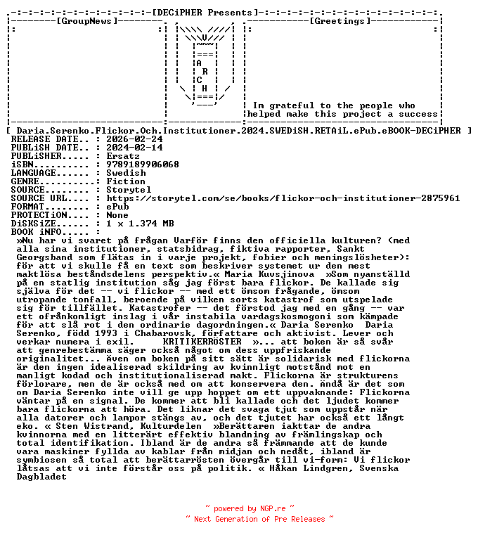 NFO for the release Daria.Serenko.Flickor.Och.Institutioner.2024.SWEDiSH.RETAiL.ePub.eBOOK-DECiPHER by DECiPHER