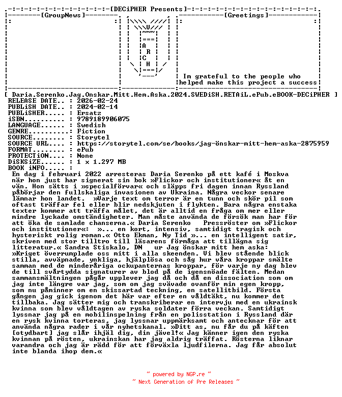 NFO for the release Daria.Serenko.Jag.Onskar.Mitt.Hem.Aska.2024.SWEDiSH.RETAiL.ePub.eBOOK-DECiPHER by DECiPHER