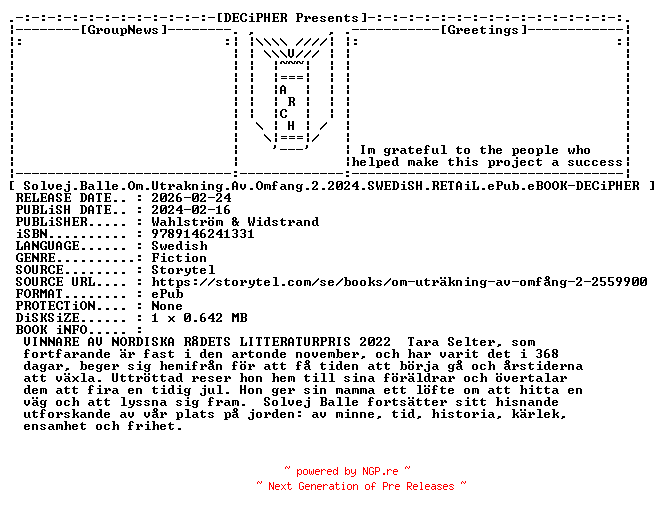 NFO for the release Solvej.Balle.Om.Utrakning.Av.Omfang.2.2024.SWEDiSH.RETAiL.ePub.eBOOK-DECiPHER by DECiPHER
