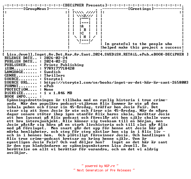 NFO for the release Lisa.Jewell.Inget.Av.Det.Har.Ar.Sant.2024.SWEDiSH.RETAiL.ePub.eBOOK-DECiPHER by DECiPHER