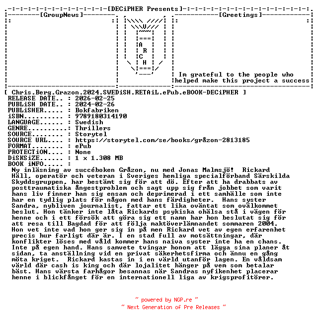 NFO for the release Chris.Berg.Grazon.2024.SWEDiSH.RETAiL.ePub.eBOOK-DECiPHER by DECiPHER