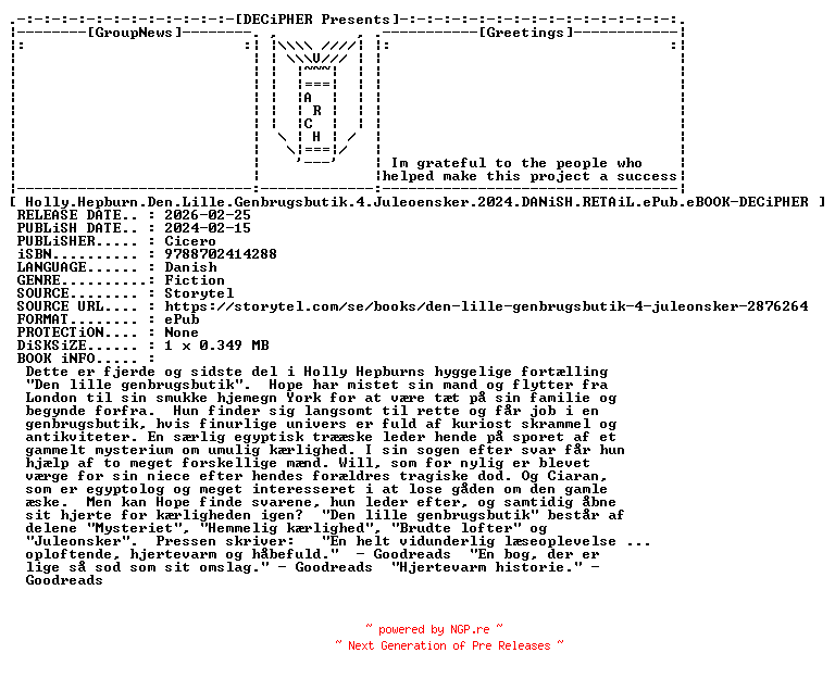 NFO for the release Holly.Hepburn.Den.Lille.Genbrugsbutik.4.Juleoensker.2024.DANiSH.RETAiL.ePub.eBOOK-DECiPHER by DECiPHER