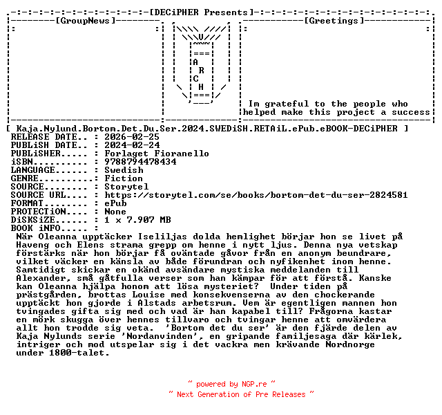 NFO for the release Kaja.Nylund.Bortom.Det.Du.Ser.2024.SWEDiSH.RETAiL.ePub.eBOOK-DECiPHER by DECiPHER