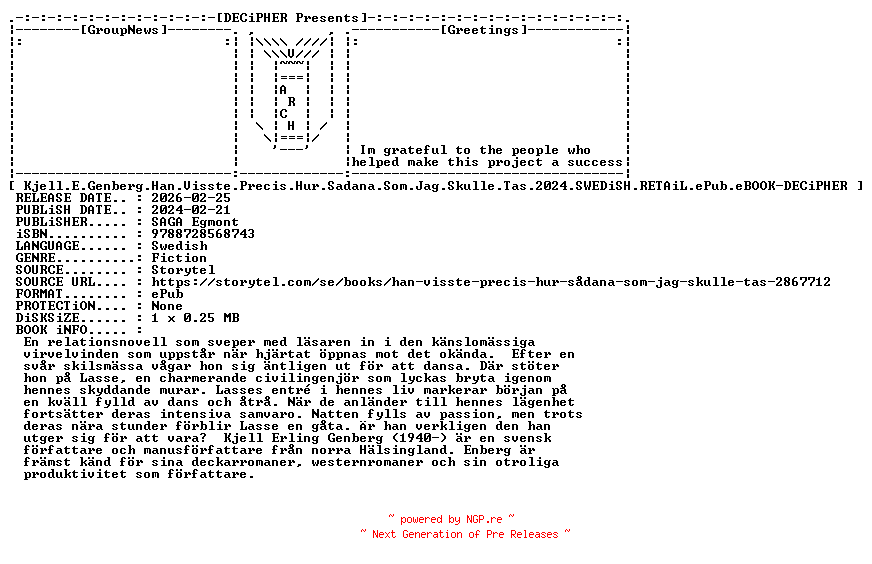 NFO for the release Kjell.E.Genberg.Han.Visste.Precis.Hur.Sadana.Som.Jag.Skulle.Tas.2024.SWEDiSH.RETAiL.ePub.eBOOK-DECiPHER by DECiPHER