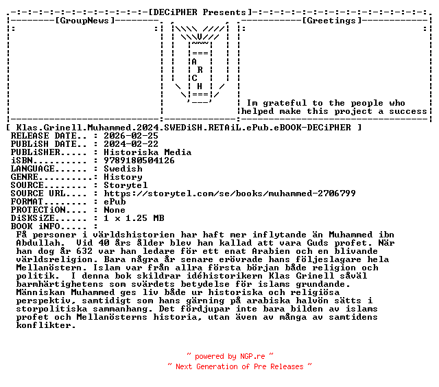 NFO for the release Klas.Grinell.Muhammed.2024.SWEDiSH.RETAiL.ePub.eBOOK-DECiPHER by DECiPHER