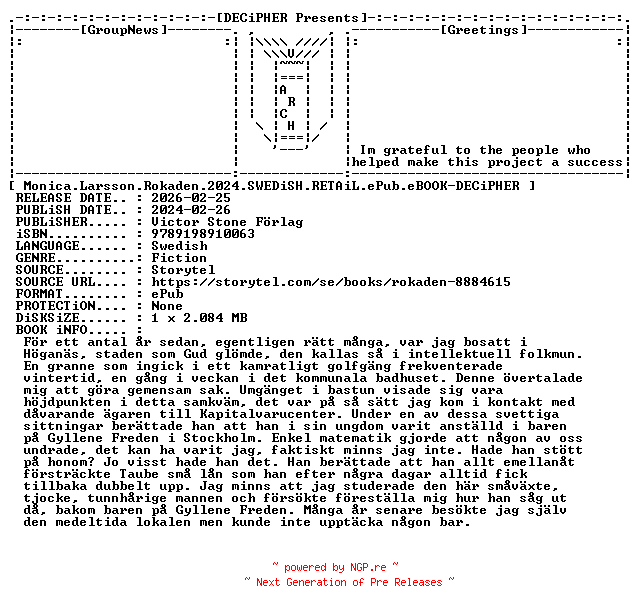 NFO for the release Monica.Larsson.Rokaden.2024.SWEDiSH.RETAiL.ePub.eBOOK-DECiPHER by DECiPHER