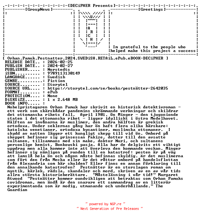 NFO for the release Orhan.Pamuk.Pestnatter.2024.SWEDiSH.RETAiL.ePub.eBOOK-DECiPHER by DECiPHER