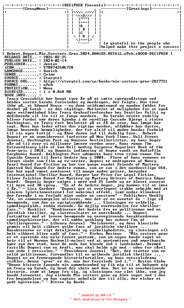 NFO for the release Robert.Dugoni.Min.Soesters.Grav.2024.DANiSH.RETAiL.ePub.eBOOK-DECiPHER by DECiPHER