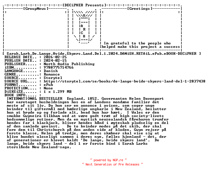 NFO for the release Sarah.Lark.De.Lange.Hvide.Skyers.Land.Del.1.2024.DANiSH.RETAiL.ePub.eBOOK-DECiPHER by DECiPHER