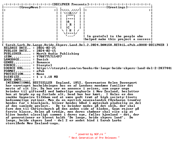 NFO for the release Sarah.Lark.De.Lange.Hvide.Skyers.Land.Del.2.2024.DANiSH.RETAiL.ePub.eBOOK-DECiPHER by DECiPHER