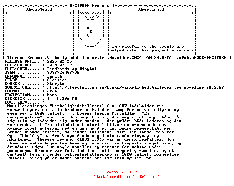 NFO for the release Therese.Brummer.Virkelighedsbilleder.Tre.Noveller.2024.DANiSH.RETAiL.ePub.eBOOK-DECiPHER by DECiPHER