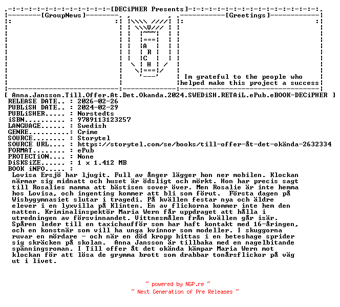 NFO for the release Anna.Jansson.Till.Offer.At.Det.Okanda.2024.SWEDiSH.RETAiL.ePub.eBOOK-DECiPHER by DECiPHER
