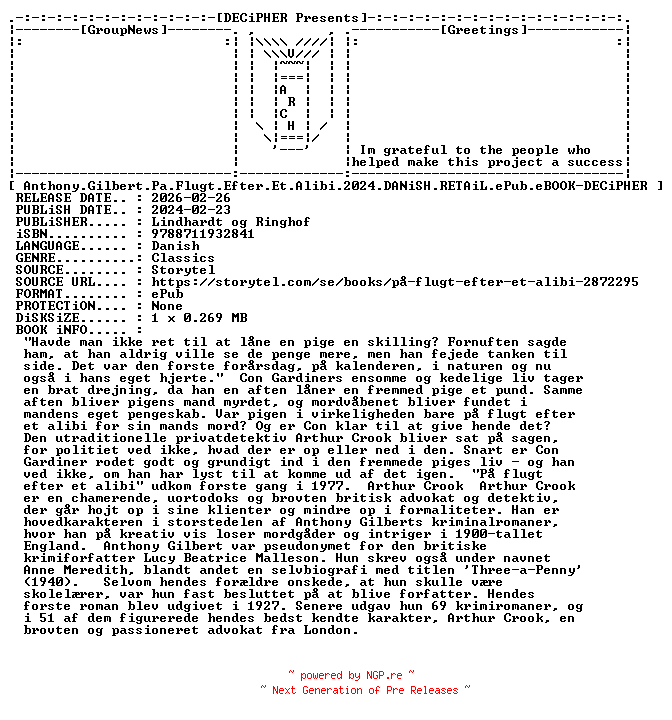 NFO for the release Anthony.Gilbert.Pa.Flugt.Efter.Et.Alibi.2024.DANiSH.RETAiL.ePub.eBOOK-DECiPHER by DECiPHER